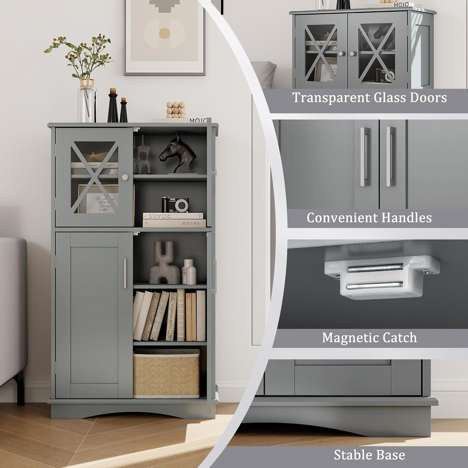 Bathroom Floor Storage Cabinet - Linen Floor Cabinet with Doors and Adjustable Shelves, Freestanding Side Storage Organizer for Bathroom, Living Room, Entryway, Kitchen Storage Unit (Grey)