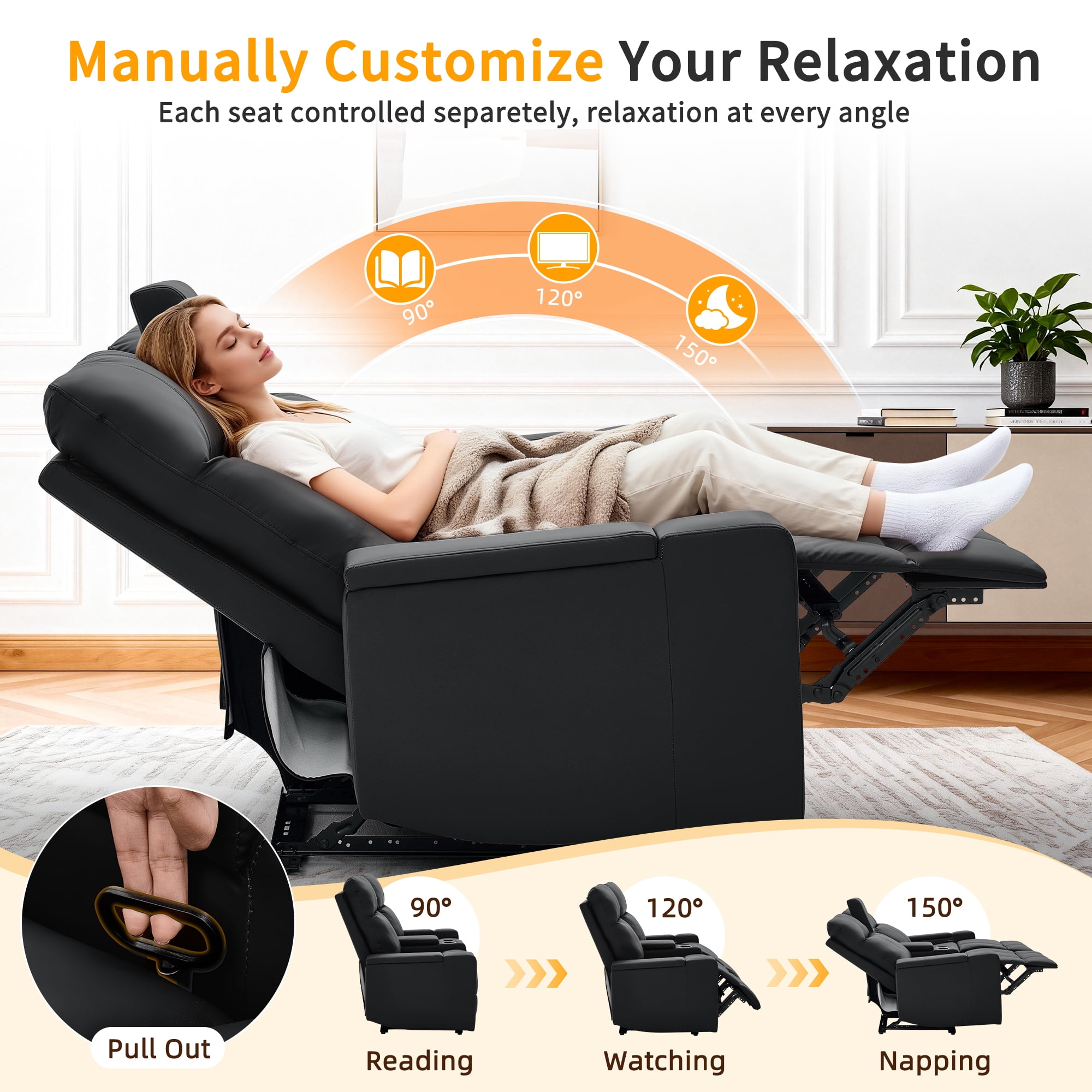 Korser Reclining Loveseat with Cup Holders,2-Seater Recliner Sofa with USB Ports & Type C Double Manual Recliner Chair for Living Room,Faux Leather,Black