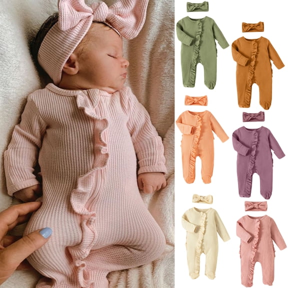 URMAGIC Newborn Baby Girls Waffle Long Sleeve Zip Jumpsuit Romper Match Headband