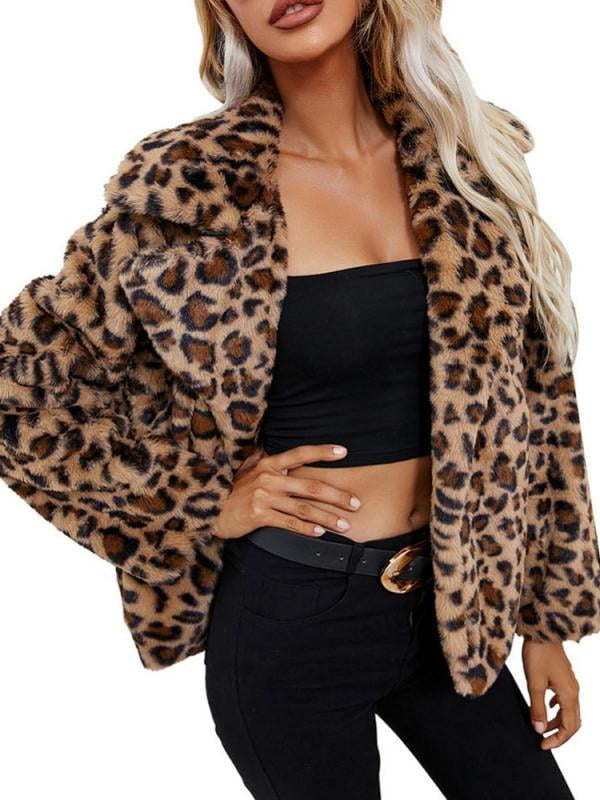 Womens Leopard Lapel Jacket Long Faux Fur Fuzzy Coat Winter Warm Open Front Cardigan