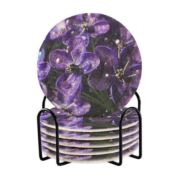 Sparkling Purple Orchid Drink Coasters with Holder Absorbent Coaster for Coffee Table Room Decor 6 Pack