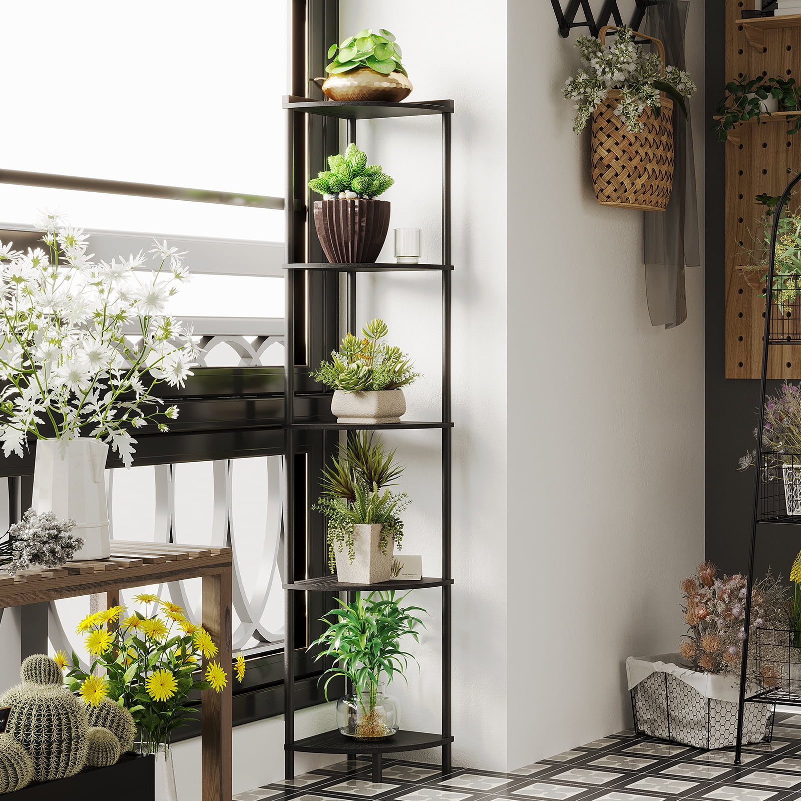 SUNMORY 5-Tier Industrial Corner Shelf Stand, 65" Corner Bookcase Display Shelves, Wall Corner Bookshelf Multi Unit Organizer, Tall Shelf Plant Stand for Bedroom, Bathroom, Living Room, Kitchen