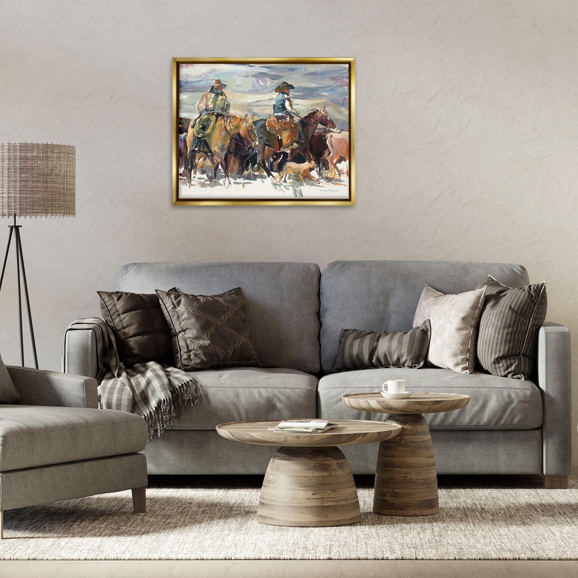 Stupell Industries The Roundup Western Painting Animals Painting Gold Floater Framed Canvas Art Print Wall Art, 31 x 25