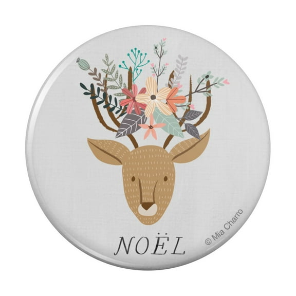 Noel Christmas Deer with Flowers Pinback Button Pin