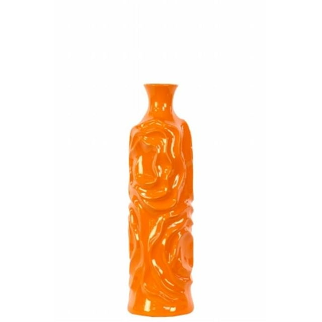 Urban Trends Collection 24451 Ceramic Round Cylindrical Vase With Neck & Wrinkled Sides- Medium - Orange
