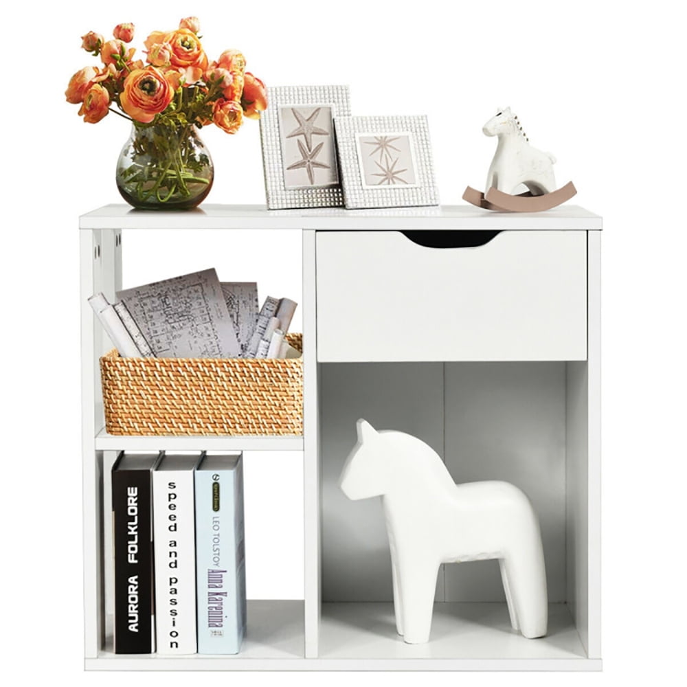 Finihen Side Table, 3-Tier Side Table with Storage Shelf and Drawer Space, for Living Room, Bedroom, White Finihen Side Table, 3-Tier Side Table with Storage Shelf and Drawer Space, for Living Room, Bedroom, White