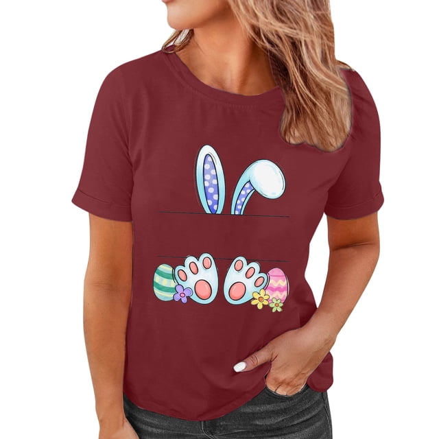 TSADFHJI Hauts de Noël pour Femmes Grande Taille Rouge Haut Décontracté à Manches Courtes Imprimé de Pâques Col Rond T-Shirt Manches Courtes TTG Rouge