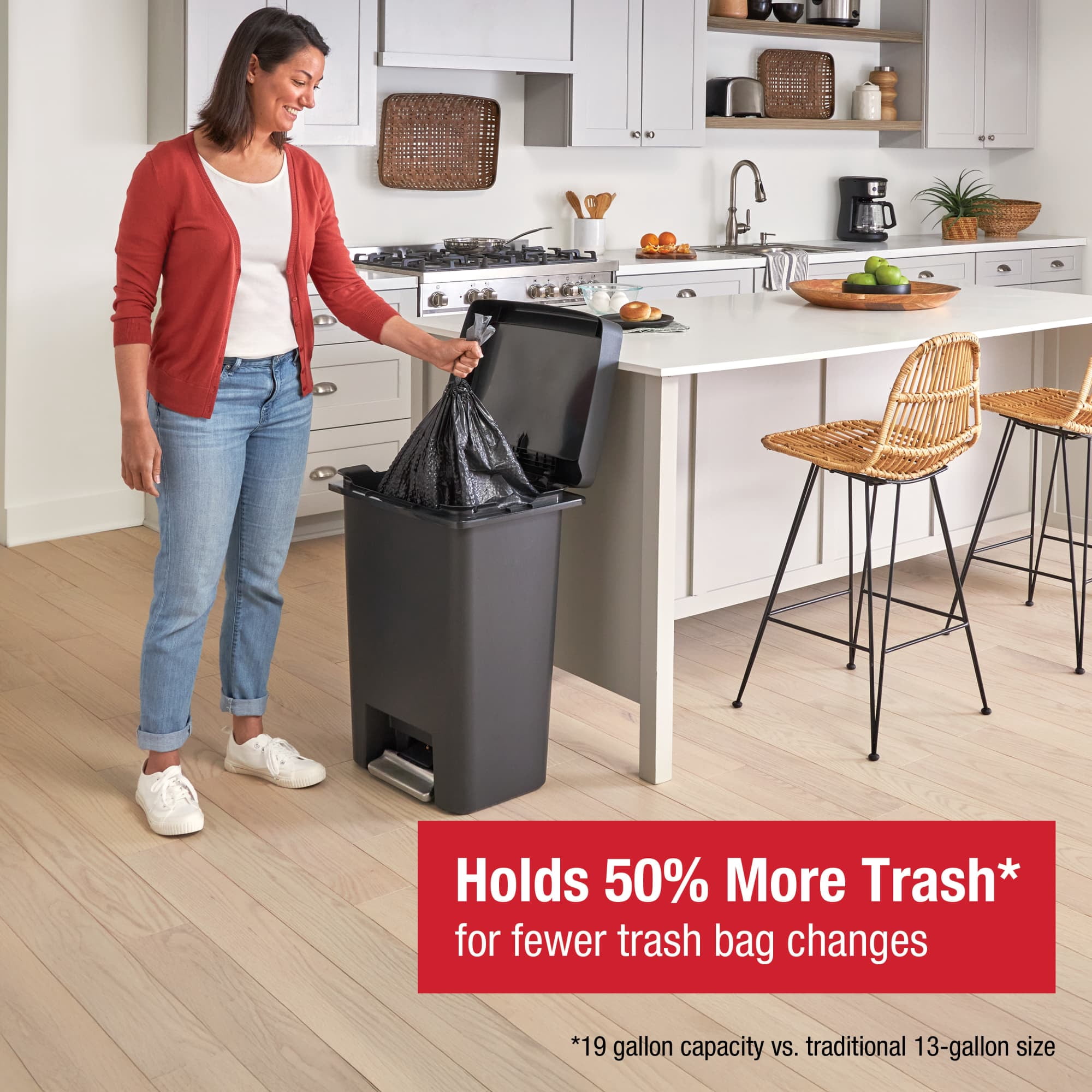 Rubbermaid Kitchen Trash Can, 19 Gallon Plastic Dual Compartment Step Garbage Bin, Charcoal