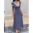 thumbnail image 6 of Women'S Floral Lace Trim Deep V Neck Dress Short Sleeve Flared Long Dresses Dark Blue S, 6 of 9