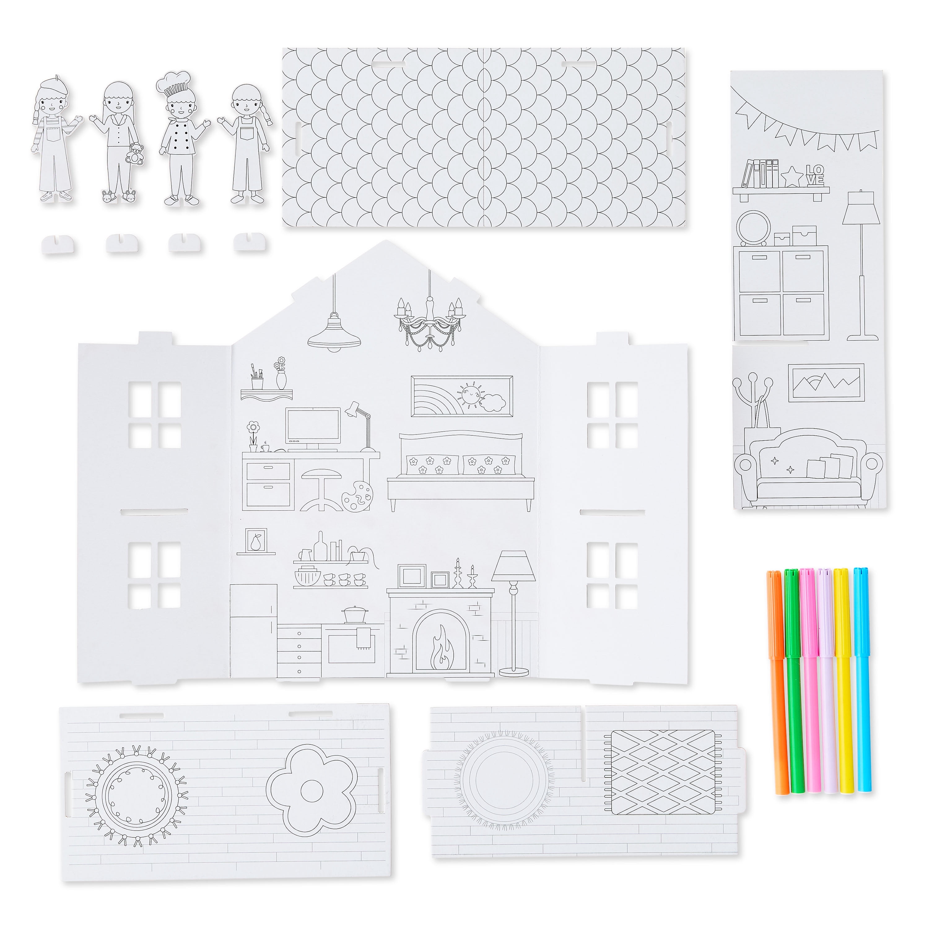 Pen+Gear Color Your Own Cardboard Dollhouse Kit, 15 Pieces