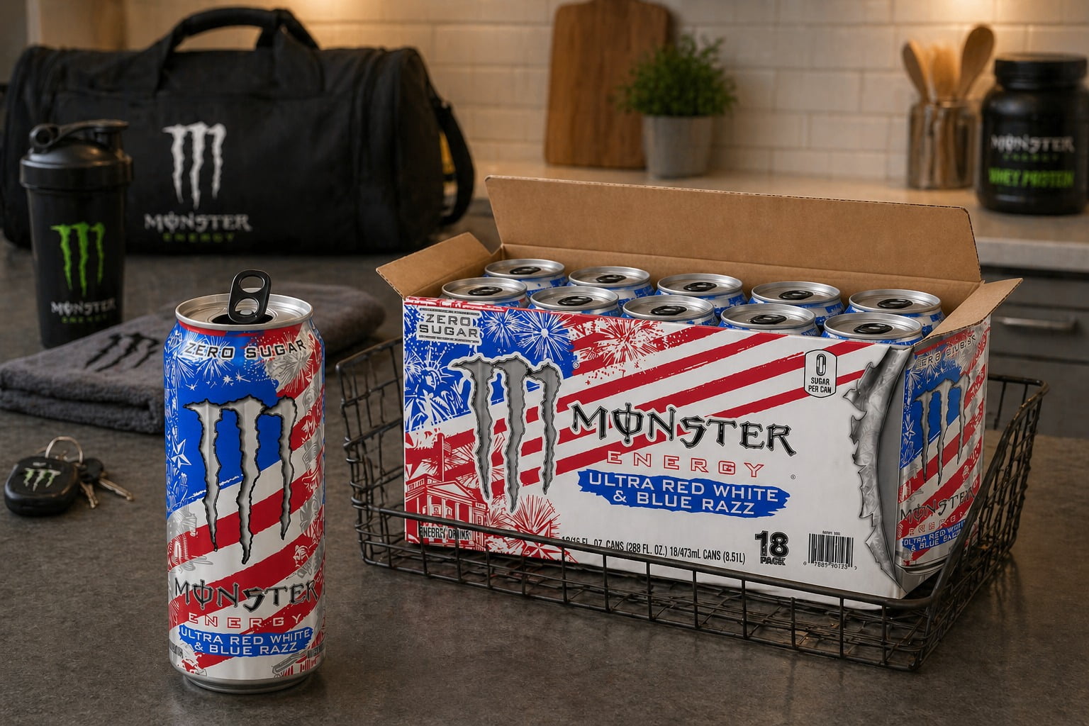 Monster Energy Ultra, Sugar Free Energy Drink, Red White & Blue Razz, 16 fl oz, 18 Pack