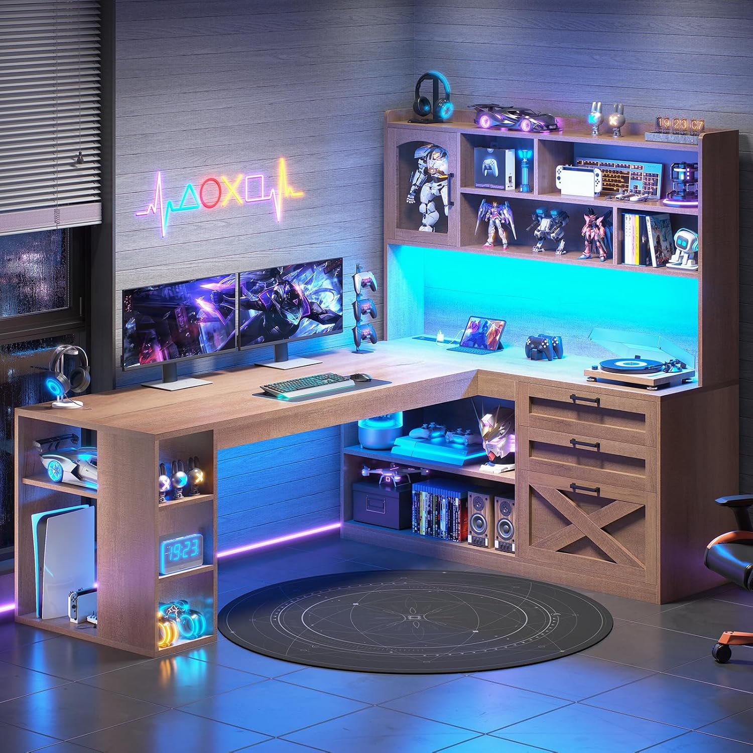 SEDETA Farmhouse L Shaped Office Desk with Storage, 61 Inch Large Computer Desk with 3 Drawers, 11 Open Shelves and Power Outlet, Corner Gaming Desk with LED Light and Display Cabinet, Natural