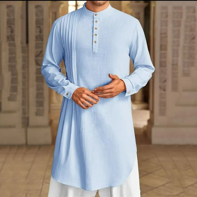 Ensemble de Robe Musulmane en Coton pour Hommes Style Arabe à Manches Longues avec Boutons devant Robe Décontractée pour Usage Quotidien