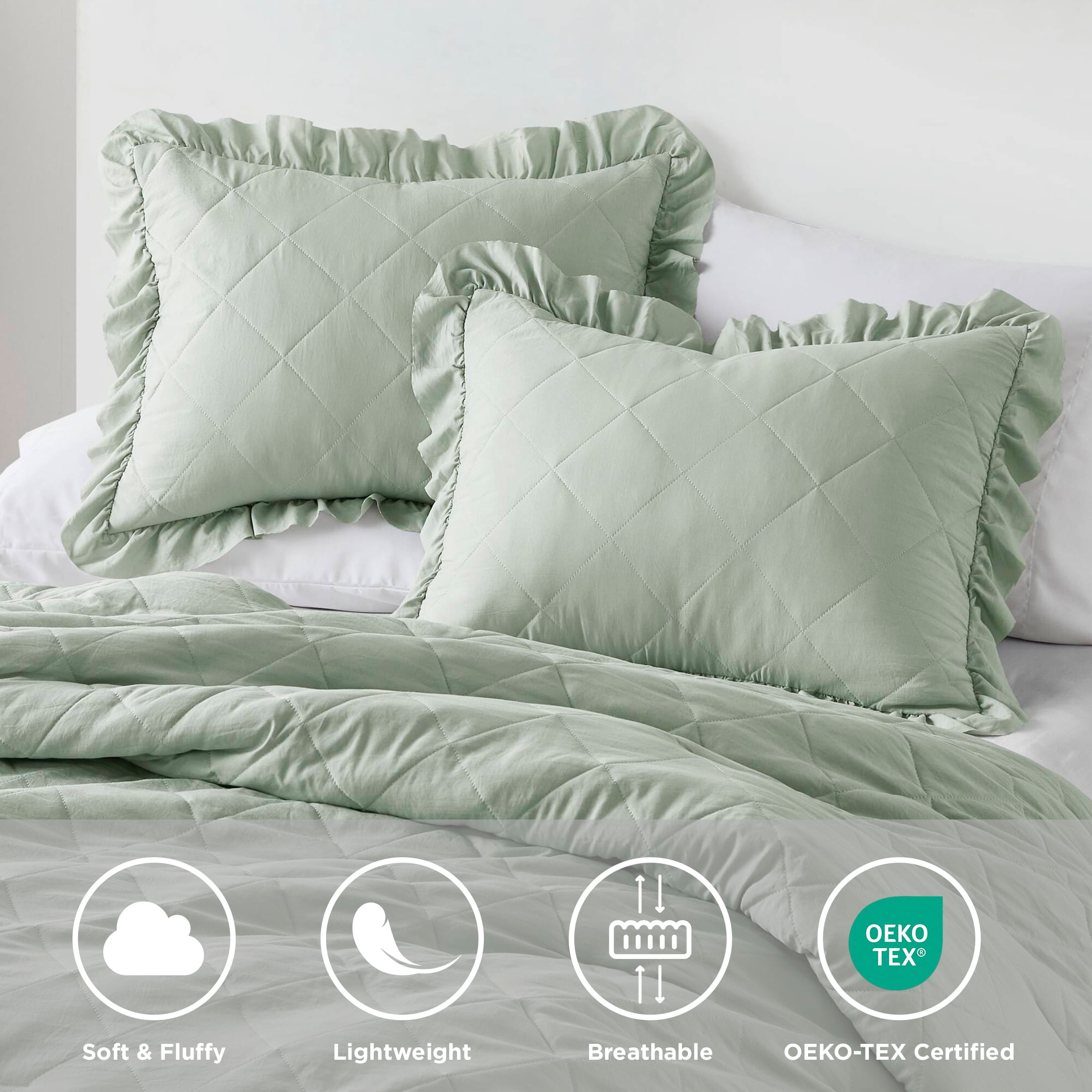 Regency Heights Full/Queen Comforter Set Sage, 3 Pieces Quilted Ruffle Comforters Full/Queen Size, Solid Bedding Comforters Sets, Gift for Women