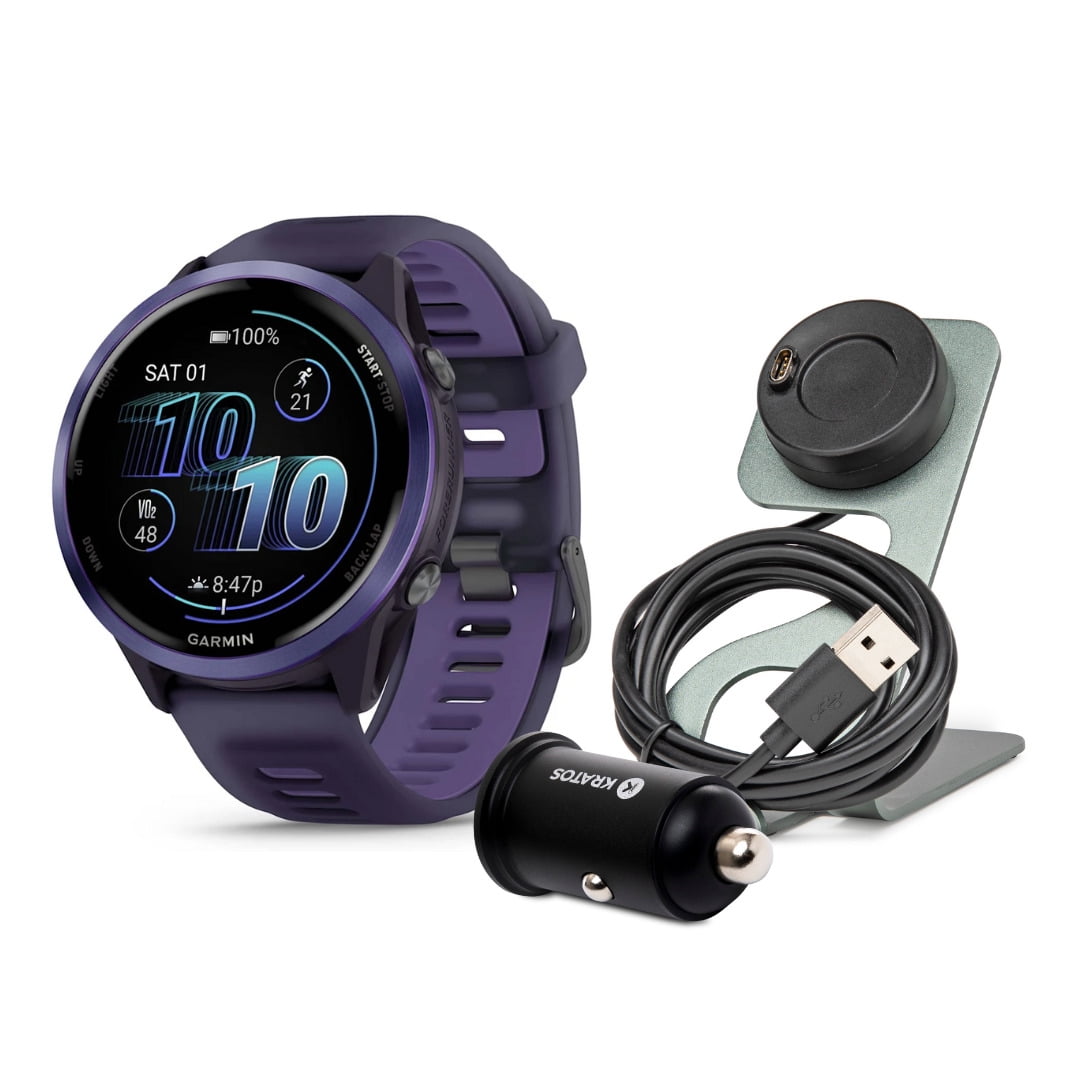 Garmin Forerunner 570 47mm GPS Running Smartwatch (Indigo/Imperial Purple) Bundle with Charging Stand and Car Adapter