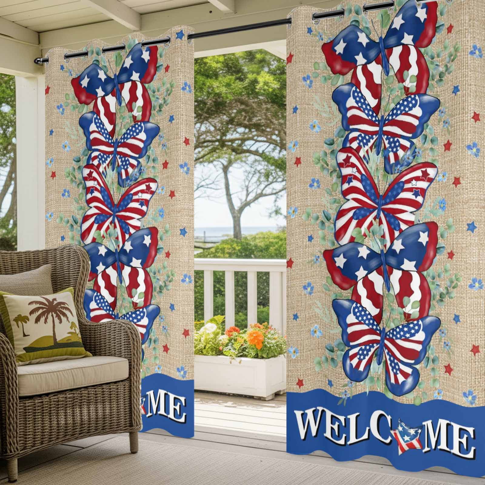 American Flag Butterfly Outdoor Curtains for Patio, Independence Day WELCOME Leaf Retro Sunshade Privacy Drapes Grommet Waterproof Outside Curtains for Porch/Cabana/Balcony 54"x 108", 1 Panel