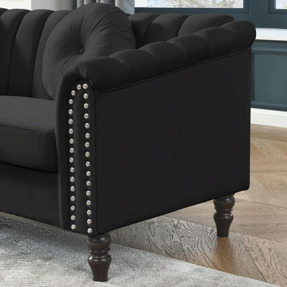Gewnee Chesterfield Velvet Sofa Couch with Nailhead Trim and 2 Pillows for Living Room,Black