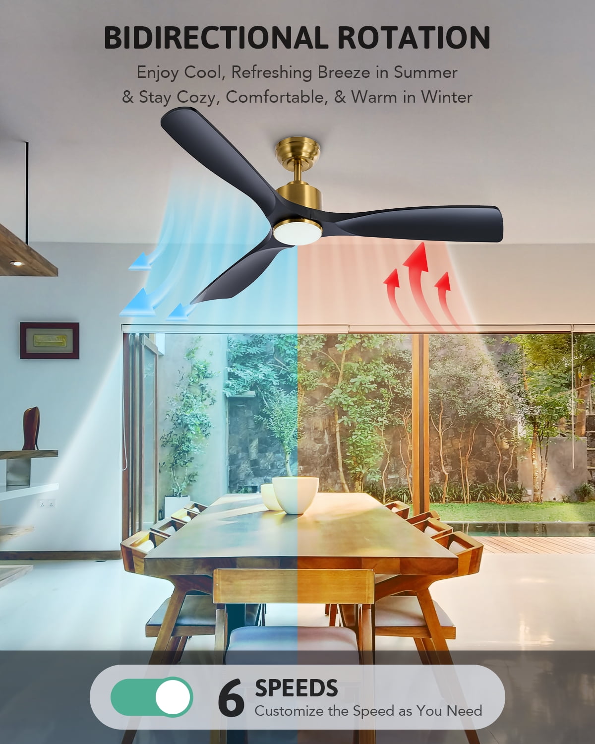 Bestco 52" 6-Speed Modern Ceiling Fan with 1/4/8 hr. Timer Reversible Motor Black