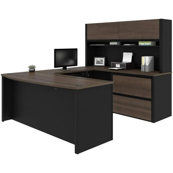 Pemberly Row 6 Piece U Shaped Computer Desk with Hutch in Antigua and Black