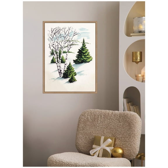 Kate and Laurel Framed Canvas Wall Art Print 'Christmas Snowy Winter Fir Trees and Birch Trees' by Corinna Buchholz of Piddix, 18 x 24 Sylvie Beaded Rustic Natural Frame, Rustic Farmhouse, Landscape