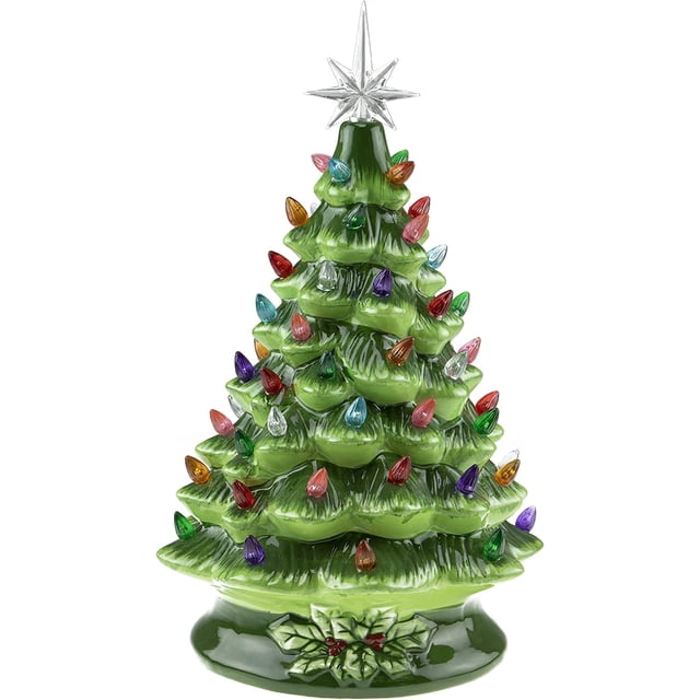 15 Inch Pre Lit Tabletop Ceramic Christmas Tree, Hand Painted Holiday Decoration with Multicolored Lights, Green