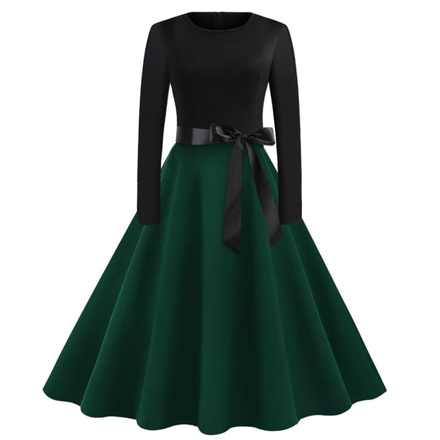 Lenpel Robes Vintage pour Femmes à Manches Longues, Col Ras du Cou, à Blocs de Couleur, Fluides, Ligne A, Robes Formelles, Robes de Cocktail pour Fête (Vert, Moyen)