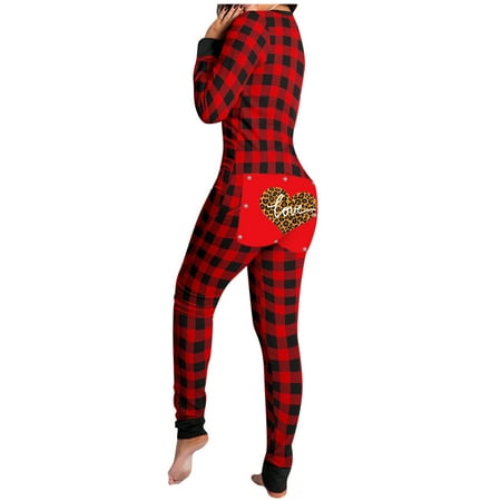 

Tarmeek Women s Onesies Pajamas Plaid Long One Piece Christmas Pajamas with Butt Flap Sexy V Neck Jumpsuit Romper Bodycon Bodysuit Sleepwear