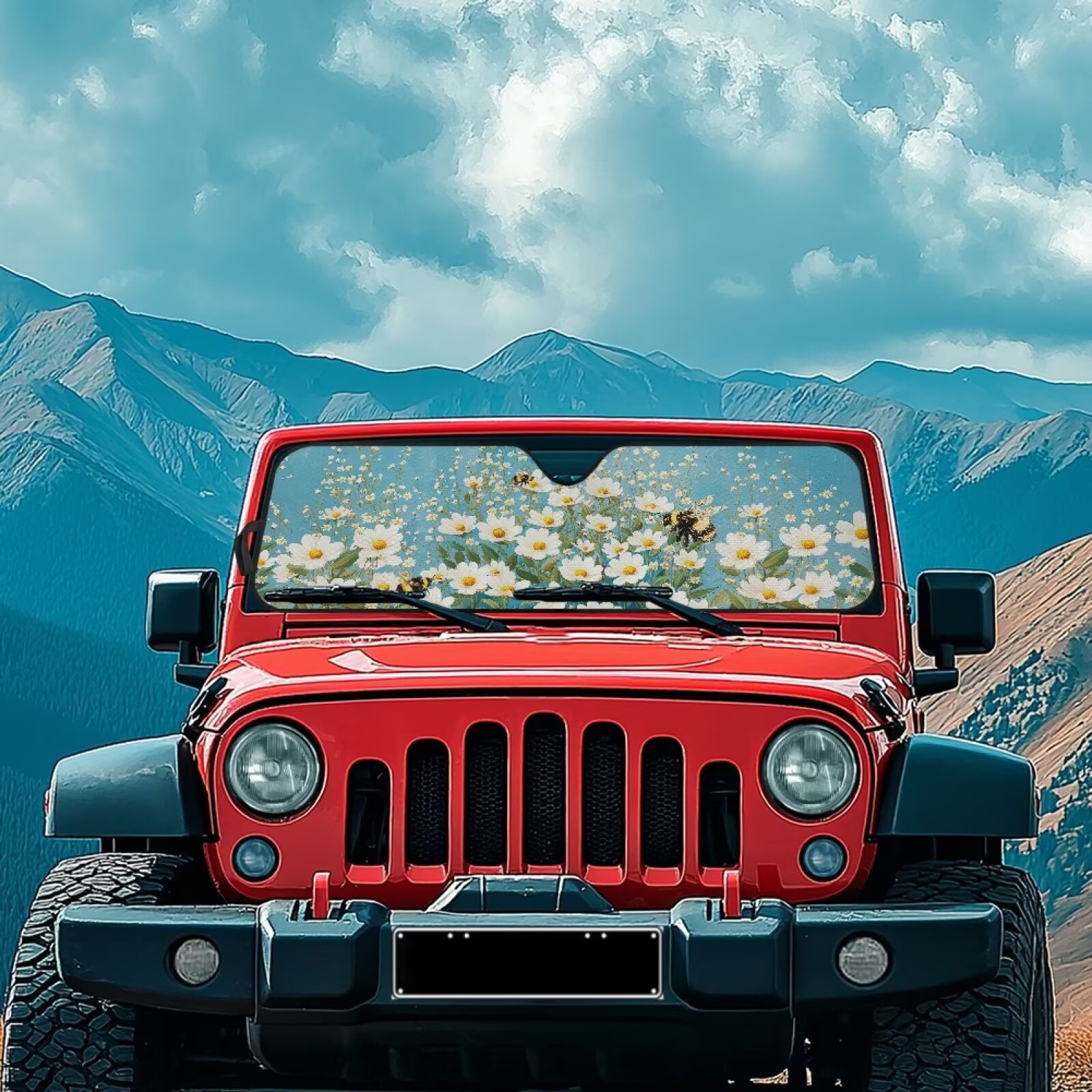 Uorisanigo Windshield Sun Shade Daisy Bee Print Windshield Shade Compatible with 2007-2024 Wrangler Rubicon Sahara TJ JK JKU 2 & 4 Door Heat Shield Sun Visor Cover Block UV Rays ,1Pc