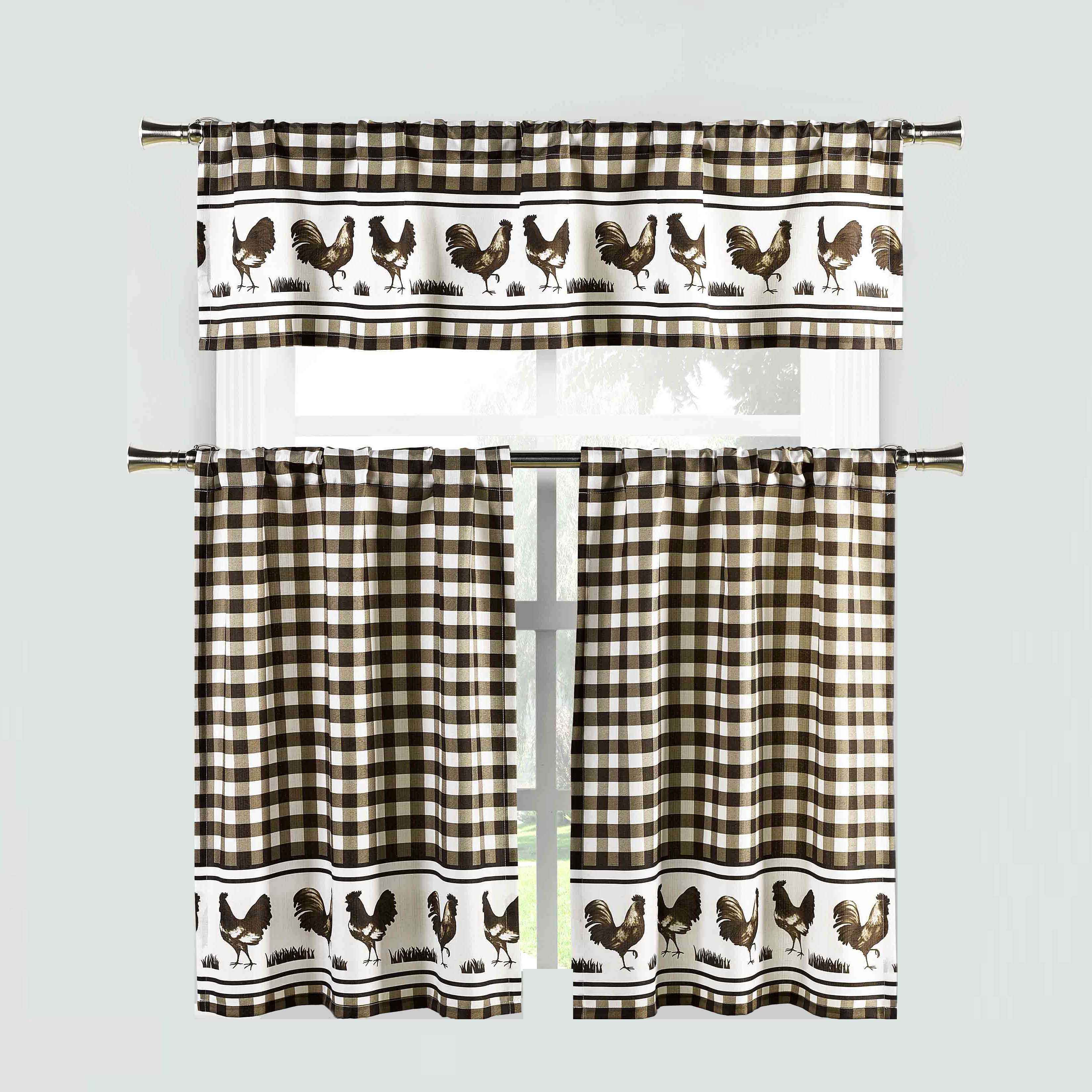 Brown 3 Piece Window Curtain Set Gingham Check And Rooster Design Walmart Com Walmart Com