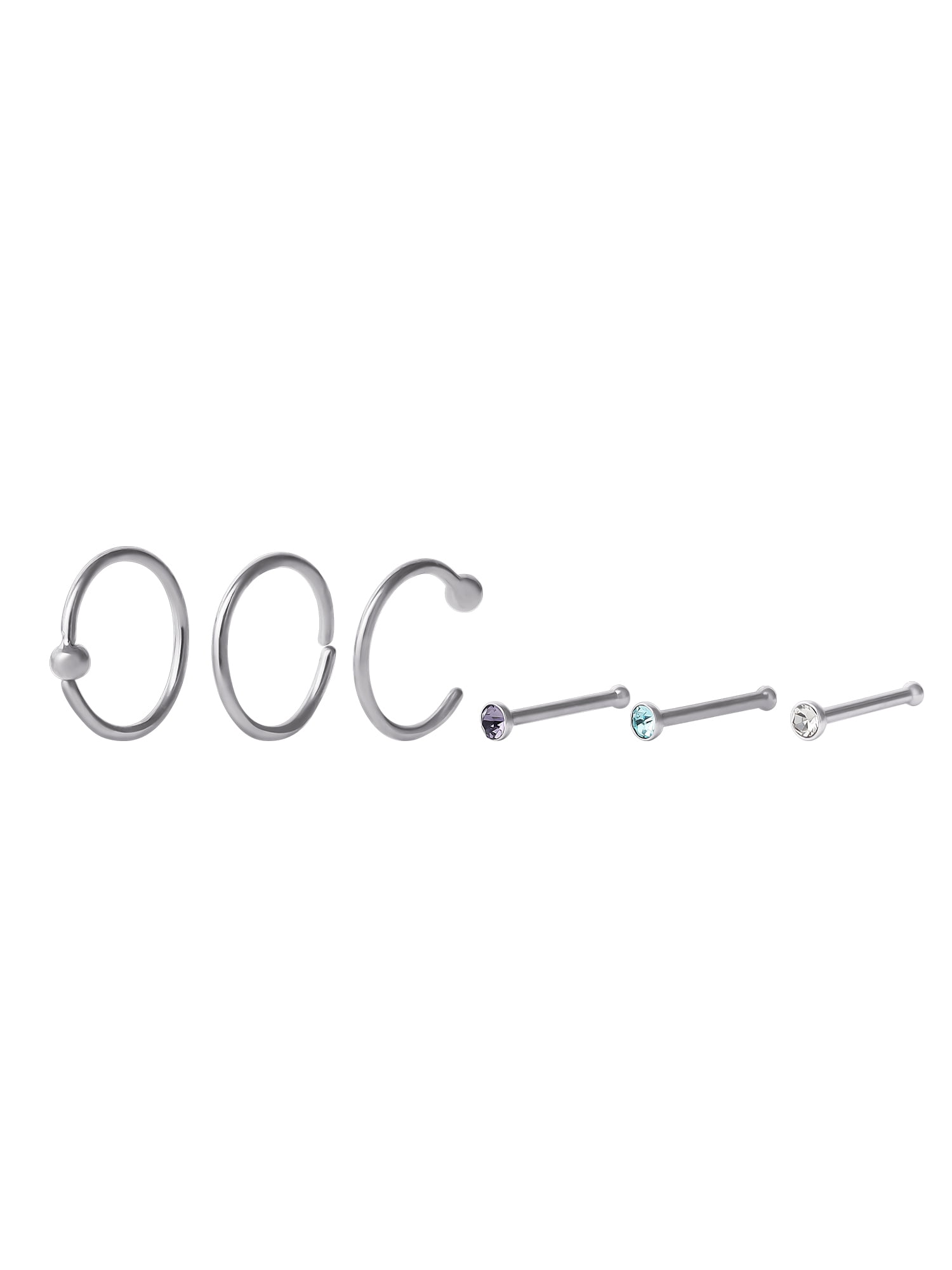 Women's Silver-Tone Crystal Stud & Hoop Nose Ring Set (6-Piece), Assorted Nose Jewelry Collection
