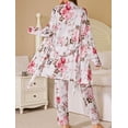 thumbnail image 4 of Women's 3 Piece Floral Print Pajama Set with Robe - Soft Polyester All Seasons Loungewear for Ladies, 4 of 10