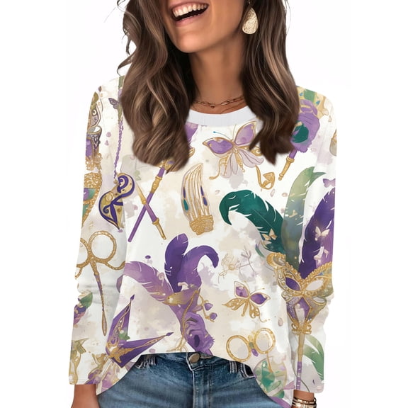 Fgvctg Mardi Gras Tops for Women 2025 Dressy Casual Long Sleeve Crewneck Shirt Trendy Carnival Party Pullover Tops Loose Mask Print Celebration Blouse Champagne S