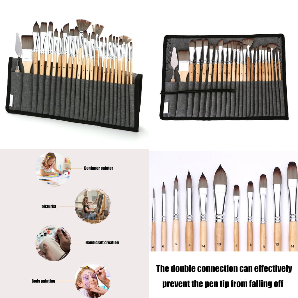 Zeiwohndc 24 Pcs Artist Brushes Nylon Hair Paint Brush Painting Brushes with Cloth Roll