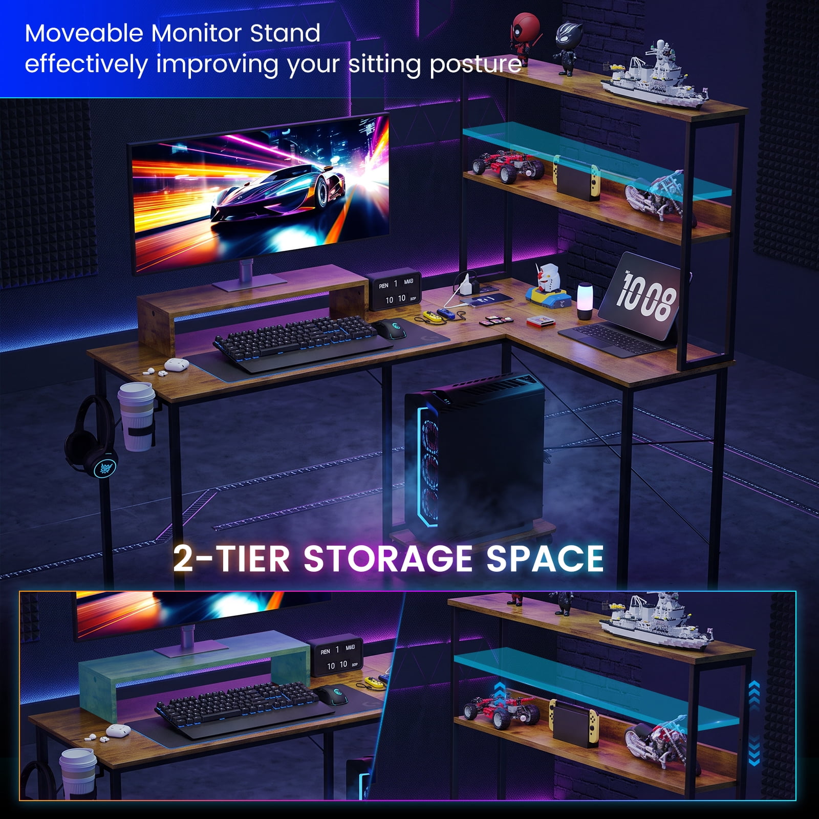 CLOUDREST PTO 53" L-Shaped Gaming Desk, Power Outlets & RGB LEDs, Brown