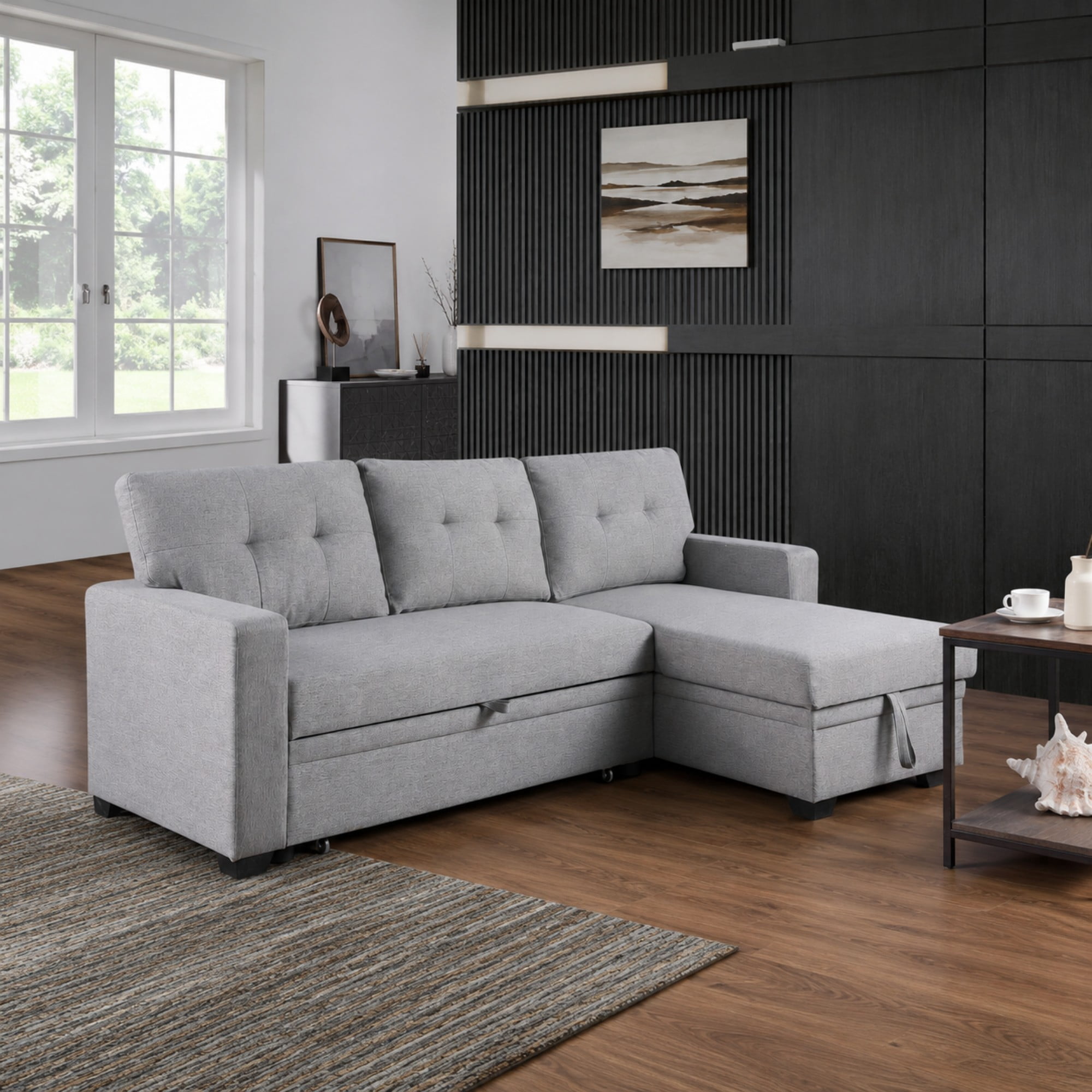 BSHTI 82" 3-Seat Linen Pull Out Sectional Sleeper Sofa with Storage Chaise, Removable Back Cushions for Living Room（Light Gray）