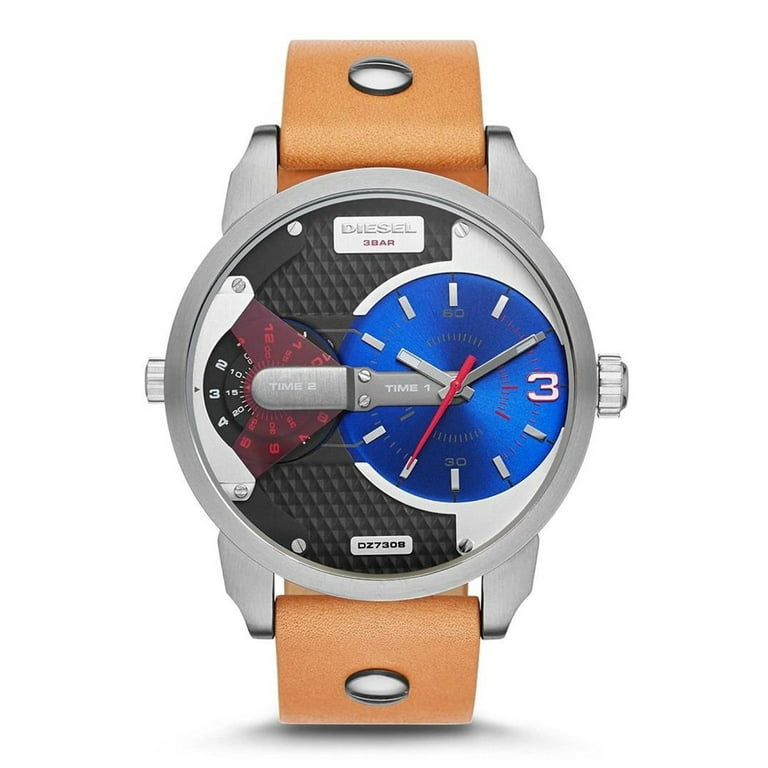 Diesel Men s 46mm Brown Calfskin Band Steel Case Quartz Blue Dial Analog Watch DZ7308