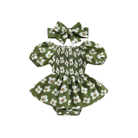 

Lamuusaa Baby Girl 2Pcs Summer Outfits Off Shoulder Short Sleeve Floral Romper Dress with Headband