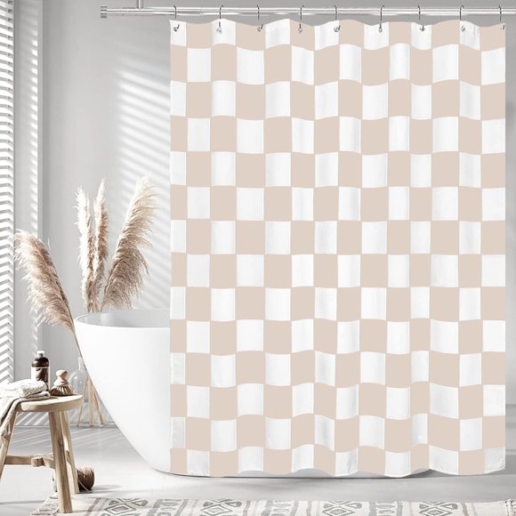 Rideau de Douche Esthétique à Motif Quadrillé, Ensemble de Rideaux de Douche Moderne Blanc Crème Décoration 71x71 Pouces avec Crochets en Plastique