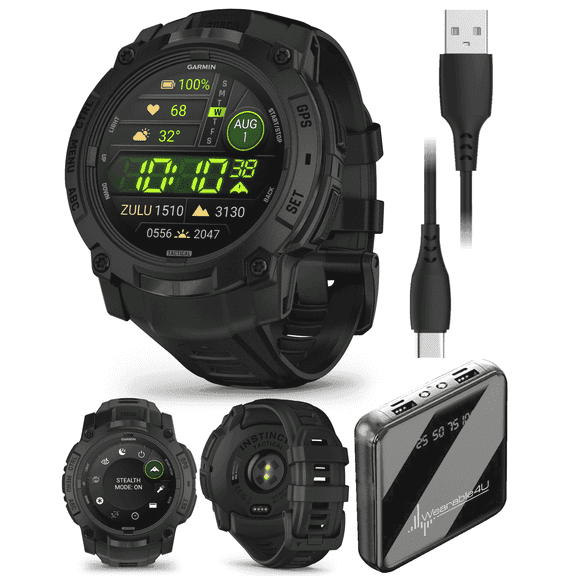 Garmin Instinct 3 Tactical Edition, AMOLED Display, 50mm, Rugged Outdoor GPS Smartwatch with Wearable4U PowerBank Bundle