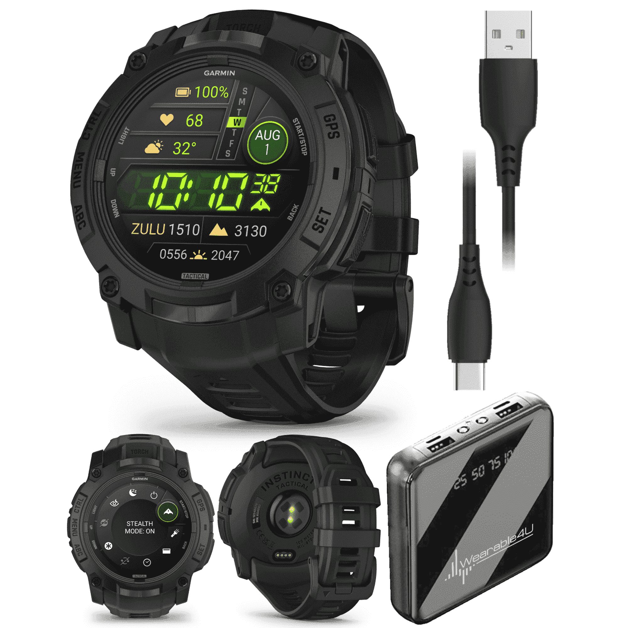 Garmin Instinct 3 Tactical Edition, AMOLED Display, 50mm, Rugged Outdoor GPS Smartwatch with Wearable4U PowerBank Bundle