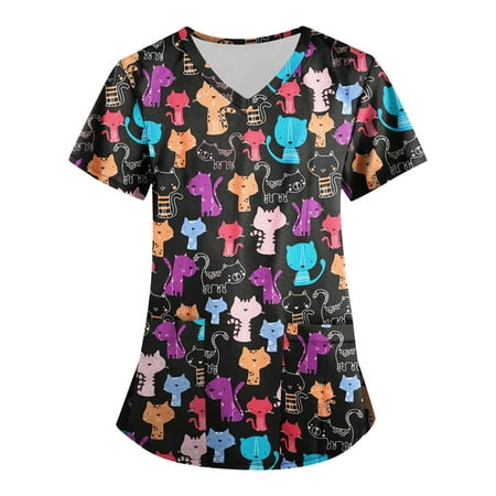 

Sksloeg Scrubs For Women V-Neck Purple Cute Cat Printed Tops Nursing Working Uniform Short Sleeve T-Shirts With Pockets Multicolor XXXXXL