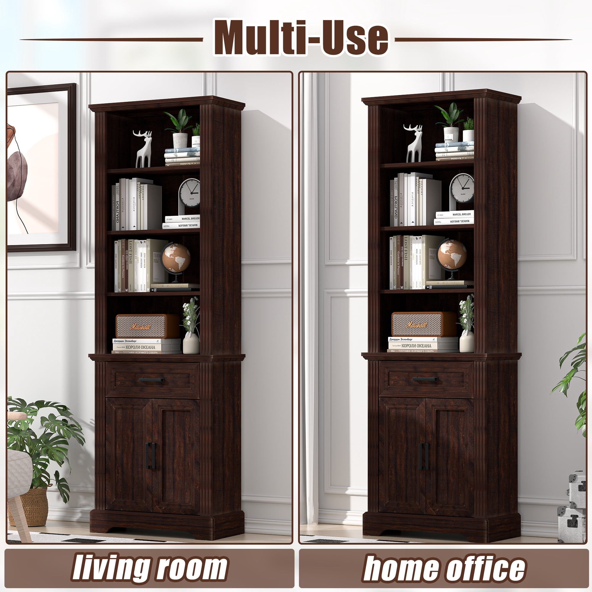 HARIPUL 72" Tall Bookcase Floor Standing with Drawer and Door, 6 Tier Wooden Storage Bookshelf for Living Room Home Office, Vintage Brown