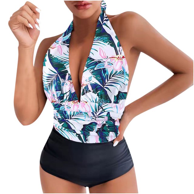 Bikini sin espalda con estampado de bloques de color cómodo para mujer, traje de baño de una pieza, conjunto de ropa de playa OAVQHLG3B Store lin121212
