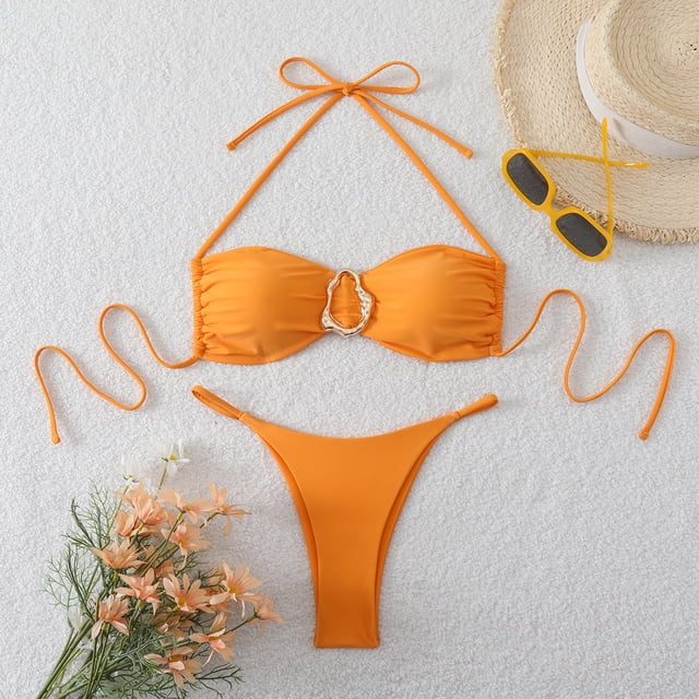 Trajes de baño Amzcrzy Tankini para mujer, trajes de baño, traje de baño con control de abdomen, bikini para mujer con tirantes ajustables y abertura, conjunto de traje de baño naranja, S