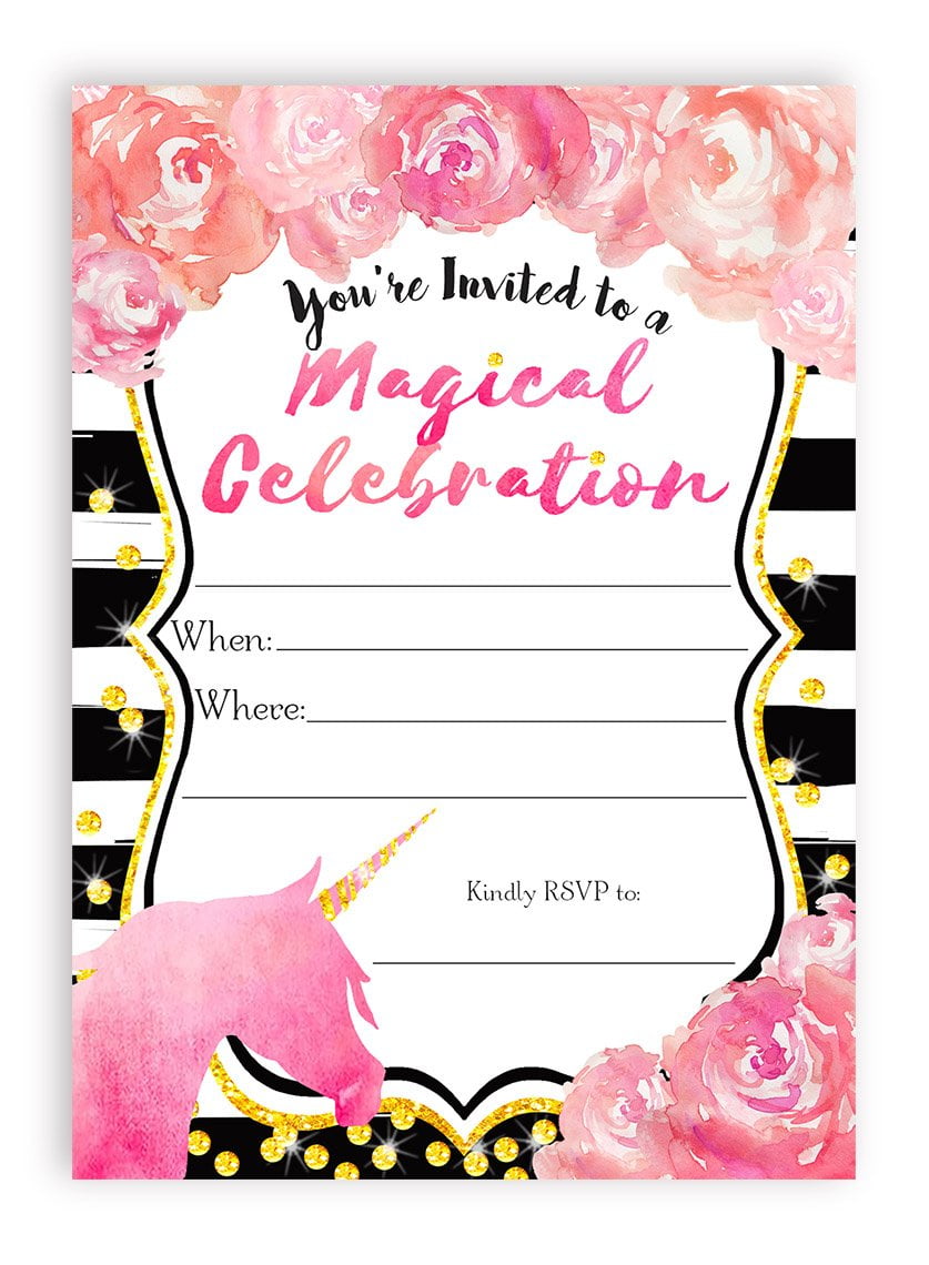 unicorn watercolor flower large invitations 10