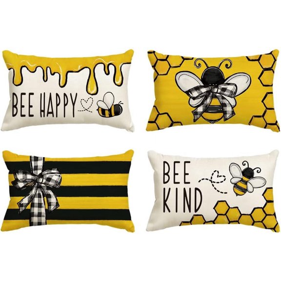 Bee Happy Bee Kind Throw Pillow Covers, 12 x 20 Inch Honey and Bee Summer Cushion Case Decoration for Sofa Couch Set of 4