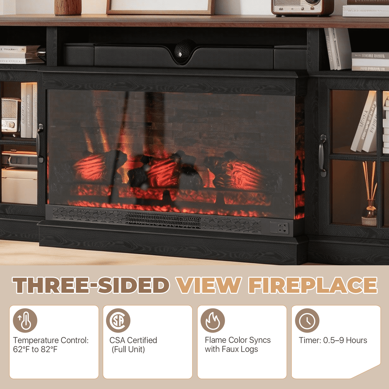 BaPiPro 70" Farmhouse Fireplace TV Stand for TVs Up to 80", Entertainment Center with 3-Sided 36" Electric Fireplace & LED Lights, 2 Drawers & 2 Storage Cabinet, Black