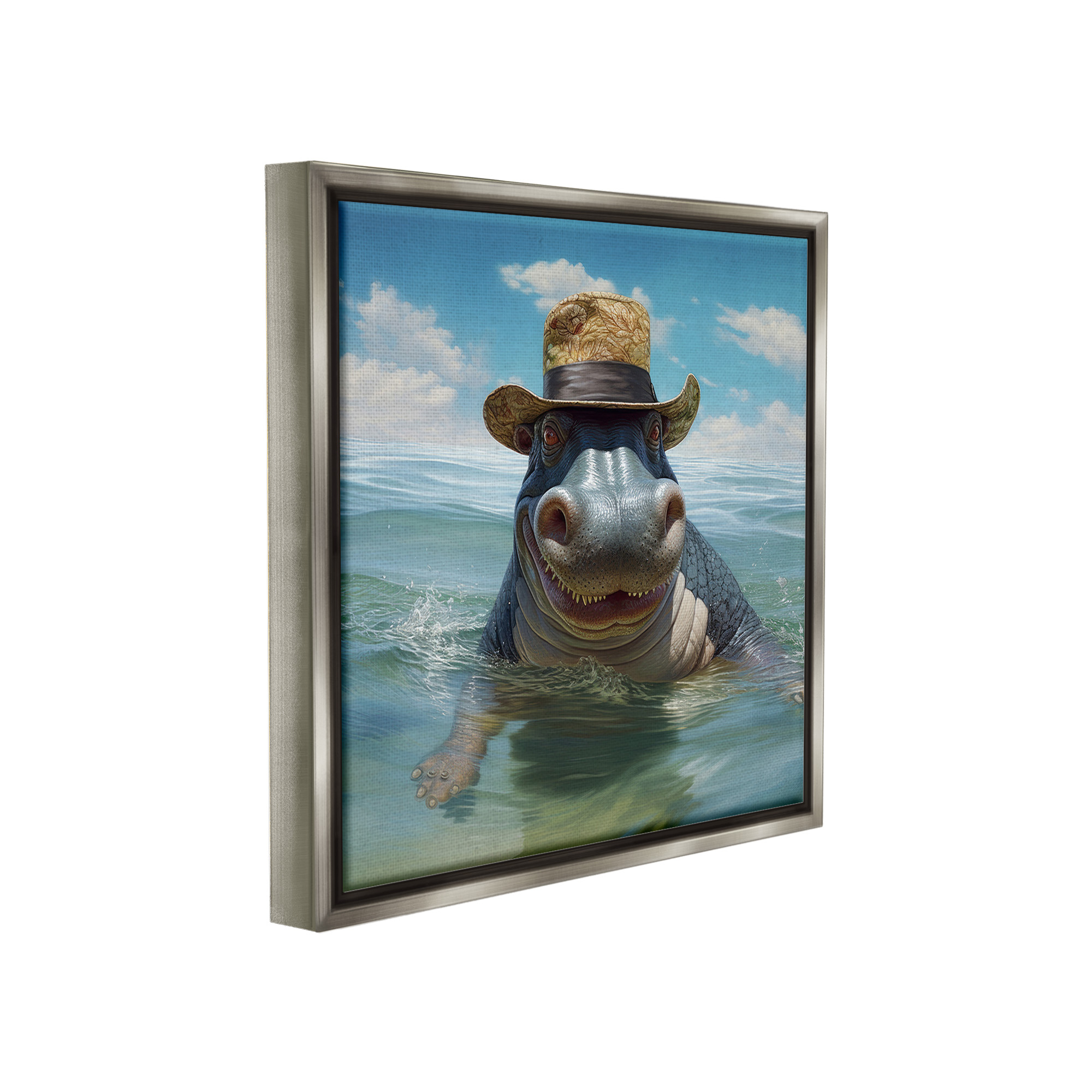 Stupell Industries Hippo with Trendy Hat Animals & Insects Painting Gray Floater Framed Canvas Art Print Wall Art, 18 x 18
