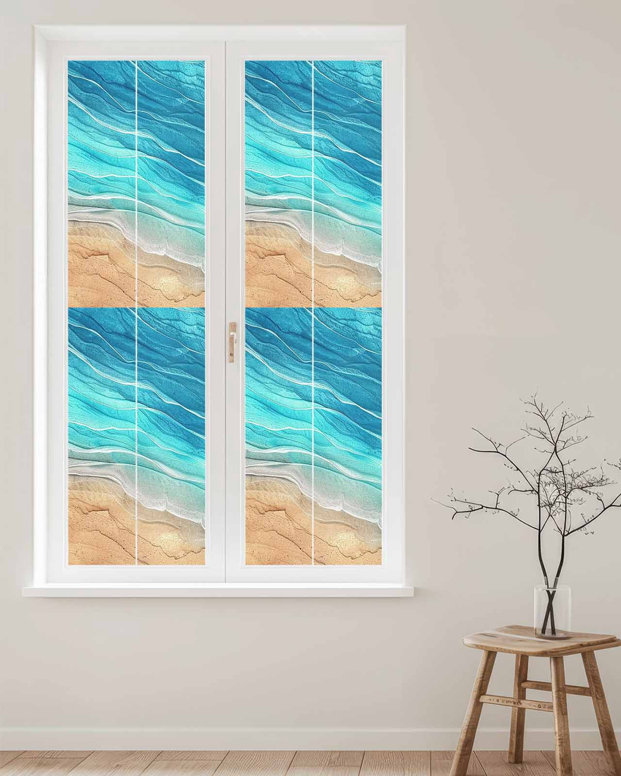 Window Privacy Film, Turquoise Ocean Ombre UV Sun Blocking Window Tint Film Heat Control One Way Blackout Window Film, Spring Summer Coastal Sea Wave Non Adhesive Static Cling Sticker 23.6x78.7 In