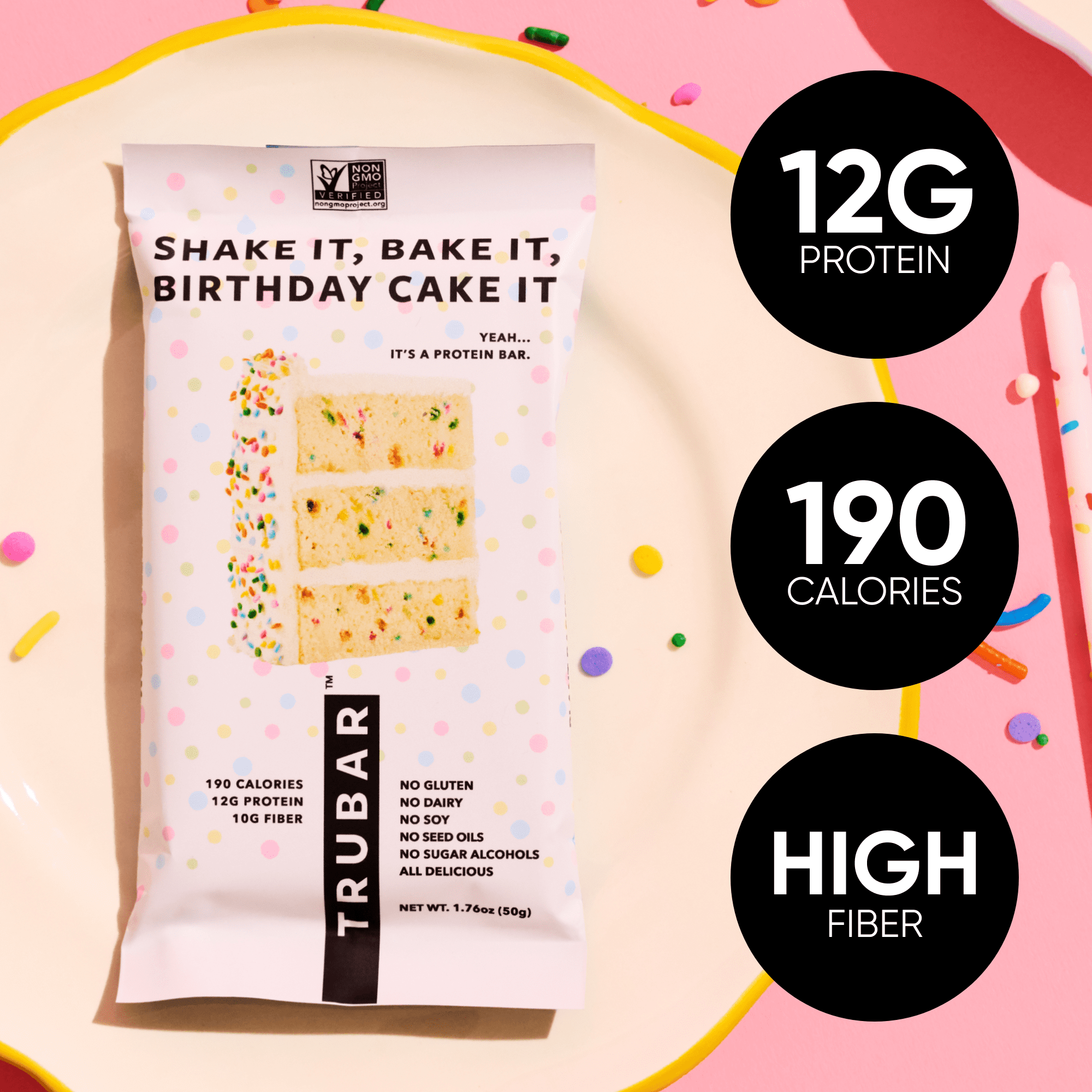 TRUBAR Protein Bar,Shake it, Bake it, Birthday Cake it , Plant Based Protein, Vegan, Gluten Free, Kosher, 12 Count (Box)